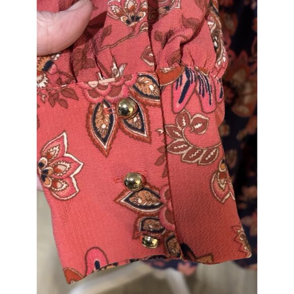 Vince Camuto 4P Dress Coral & Navy Blue Floral Dress Long Sl Gold Buttons - Picture 2 of 7